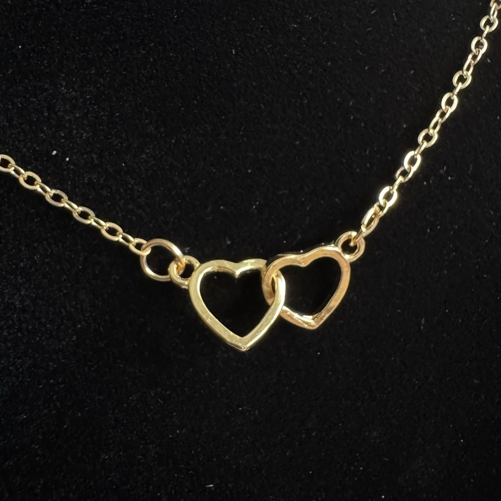 Double Heart Gold Tone Adjustable Necklace Minimalist Dainty Layering Jewelry